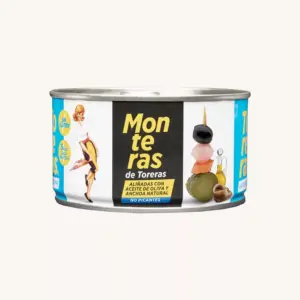 Monteras de Toreras Non-spicy Banderillas (pickle skewers) with a black olive on top, in olive oil, can