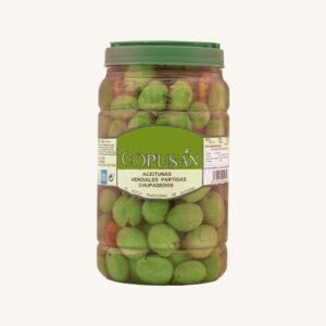 Copusan Chupadedos split green olives (Aceitunas verdes partidas Chupadedos), from Malaga, jar 700g